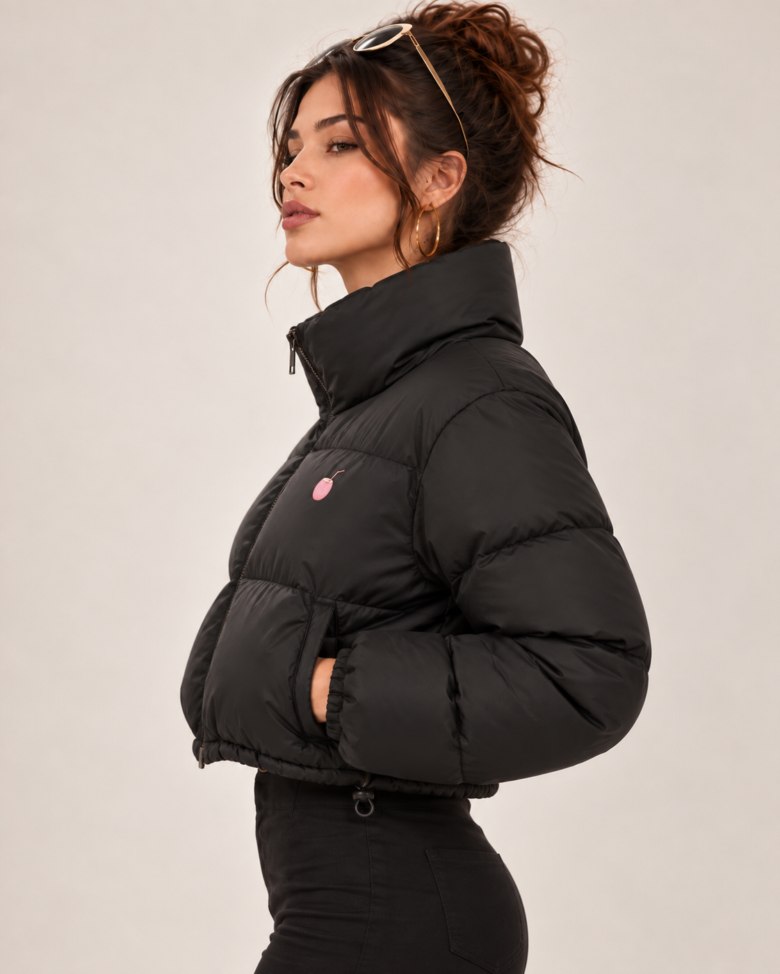 PinkyCoco Funnel women's cropped puffer jacket side profile view