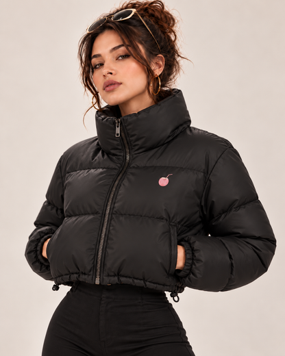 PinkyCoco Funnel black puffer jacket relaxed front model view