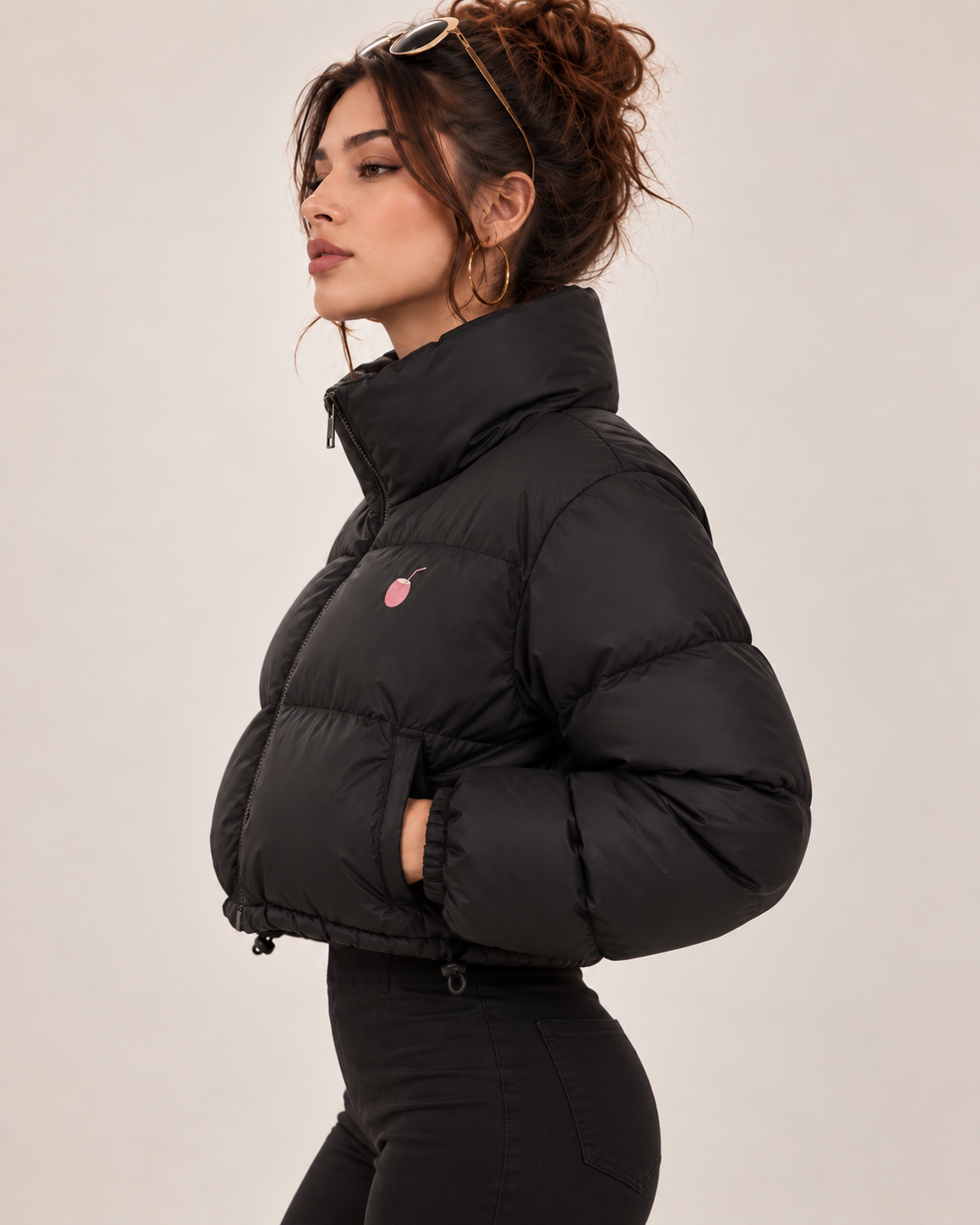 PinkyCoco Funnel women's black puffer jacket full side view