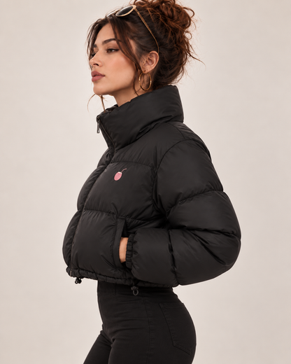 PinkyCoco Funnel women's black puffer jacket full side view