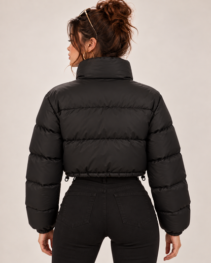 PinkyCoco Funnel black cropped puffer jacket back view