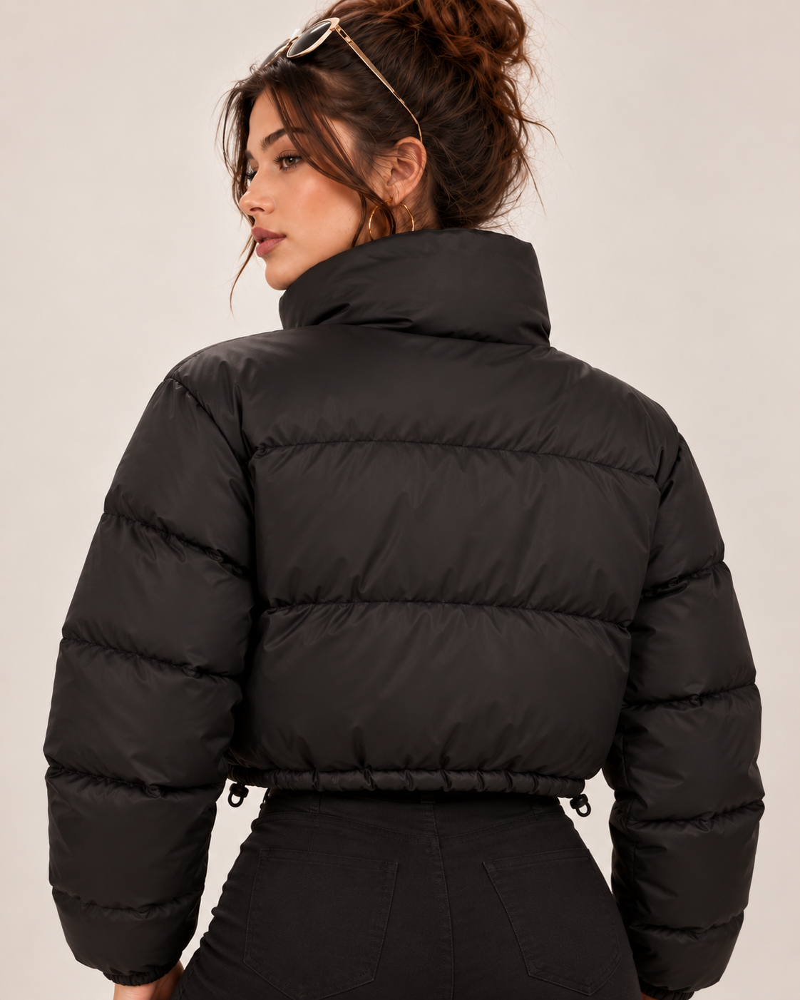 PinkyCoco Funnel black puffer jacket rear three-quarter view