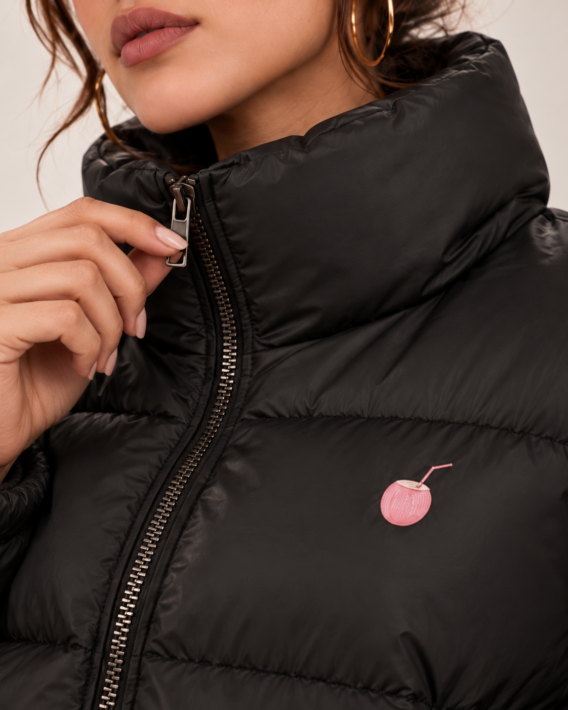 PinkyCoco Funnel black cropped puffer jacket zipper and logo detail