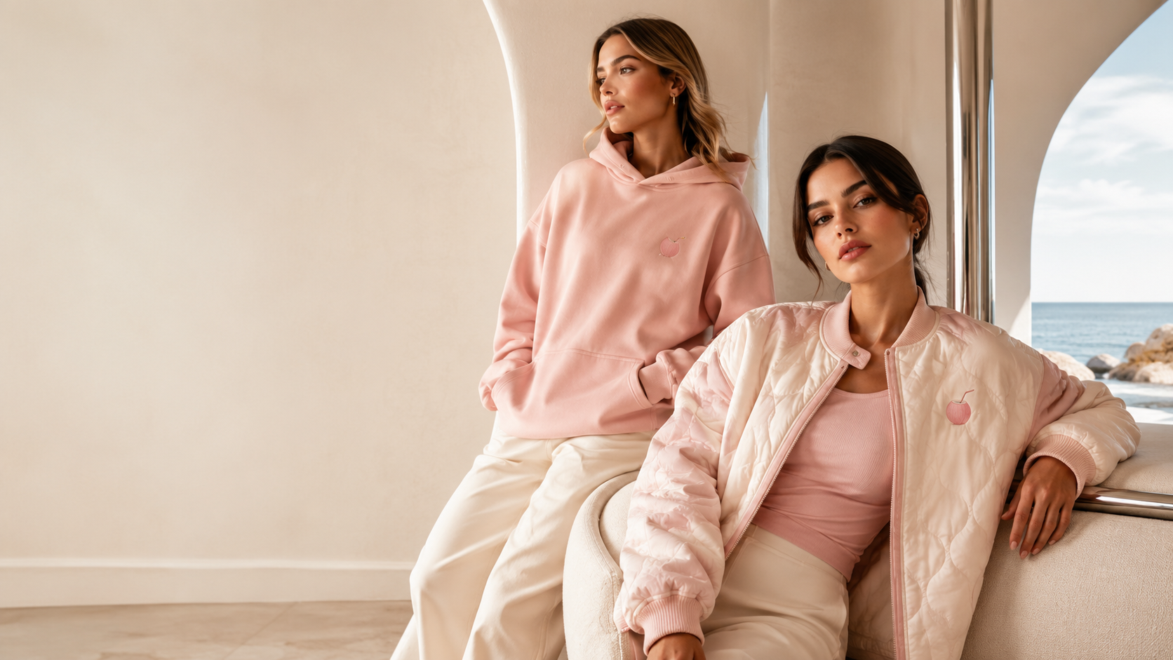 Two models wearing PinkyCoco coastal streetwear