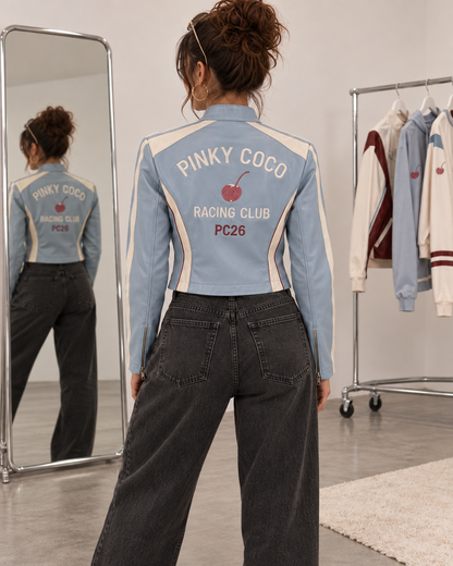 PinkyCoco Icy Blue Retro women's light blue and cream racing jacket model view