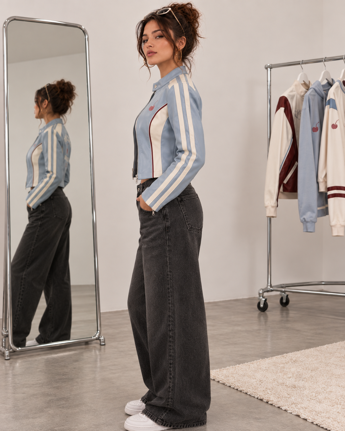 PinkyCoco Icy Blue Retro jacket collar zipper and stripe detail
