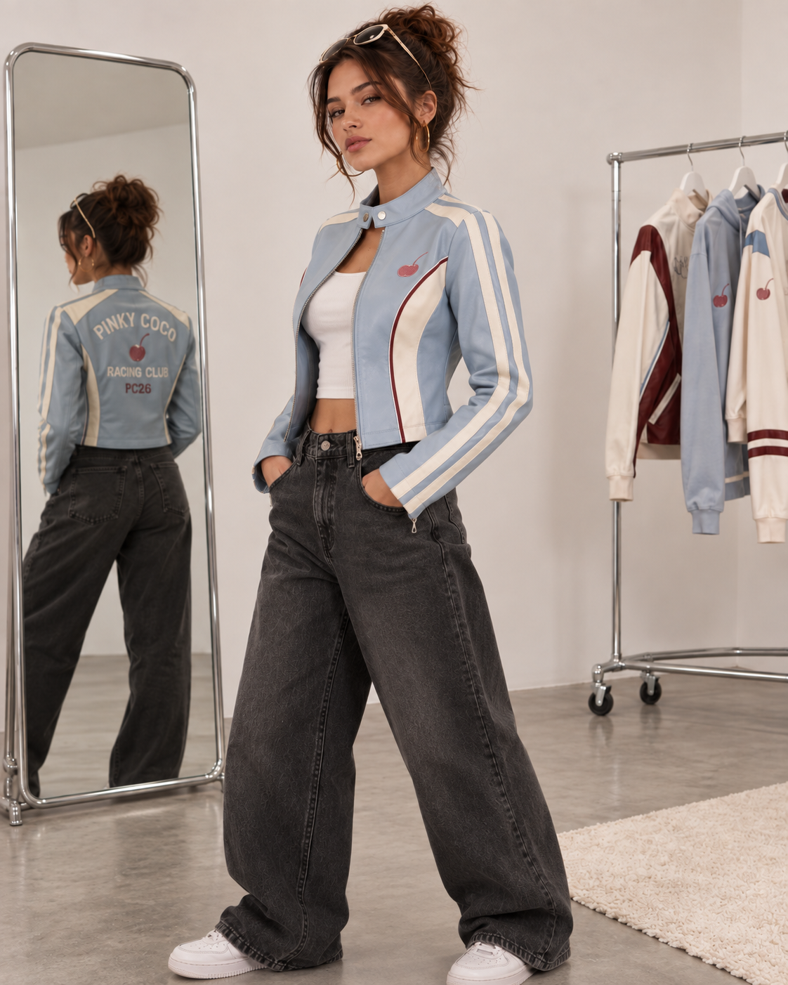 PinkyCoco Icy Blue Retro women's racing jacket lifestyle view