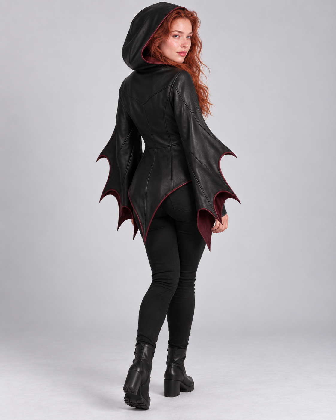 PinkyCoco Lilith Noir women's black hooded gothic leather jacket front view