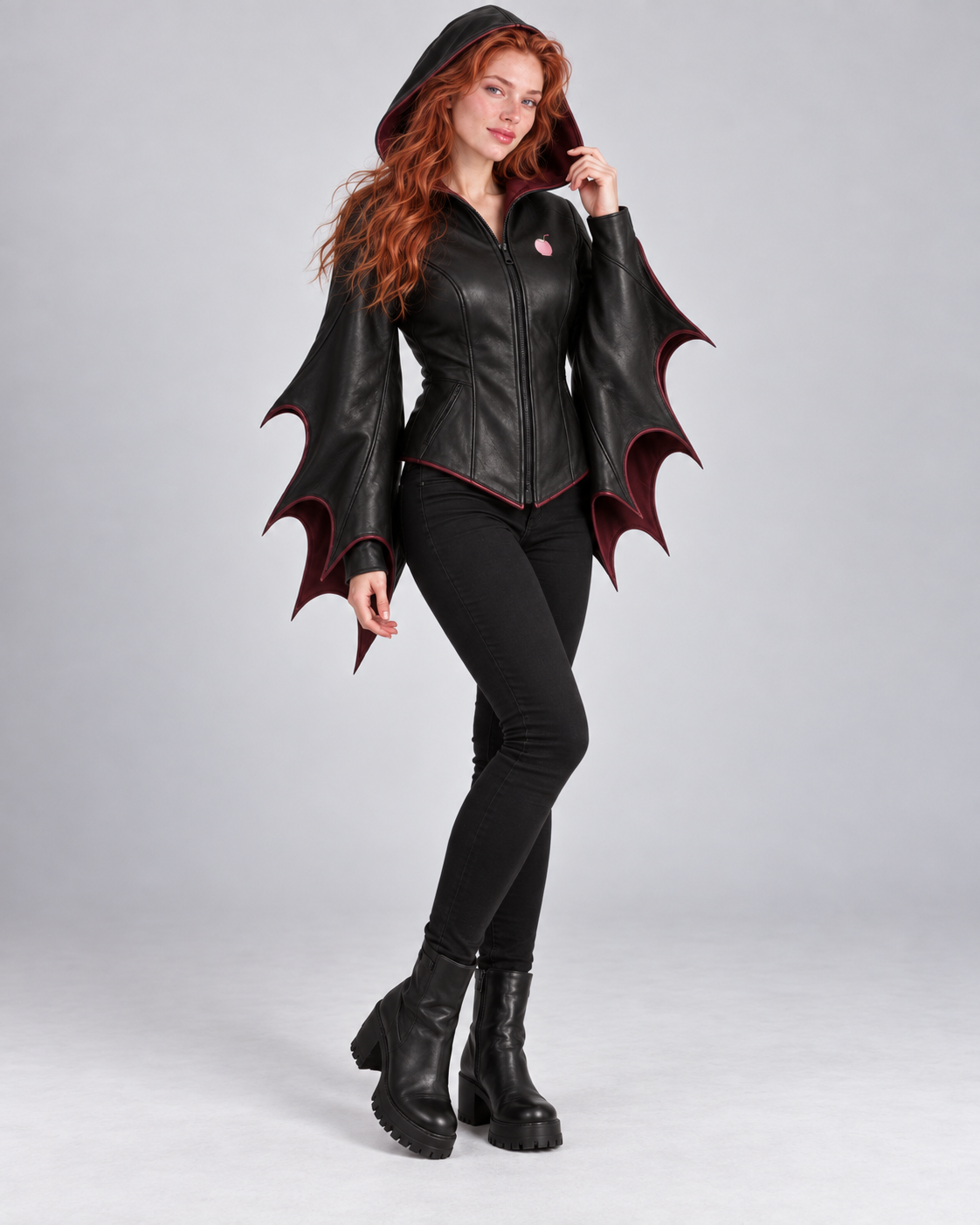 PinkyCoco Lilith Noir hooded gothic leather jacket back view