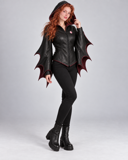 PinkyCoco Lilith Noir hooded gothic leather jacket back view
