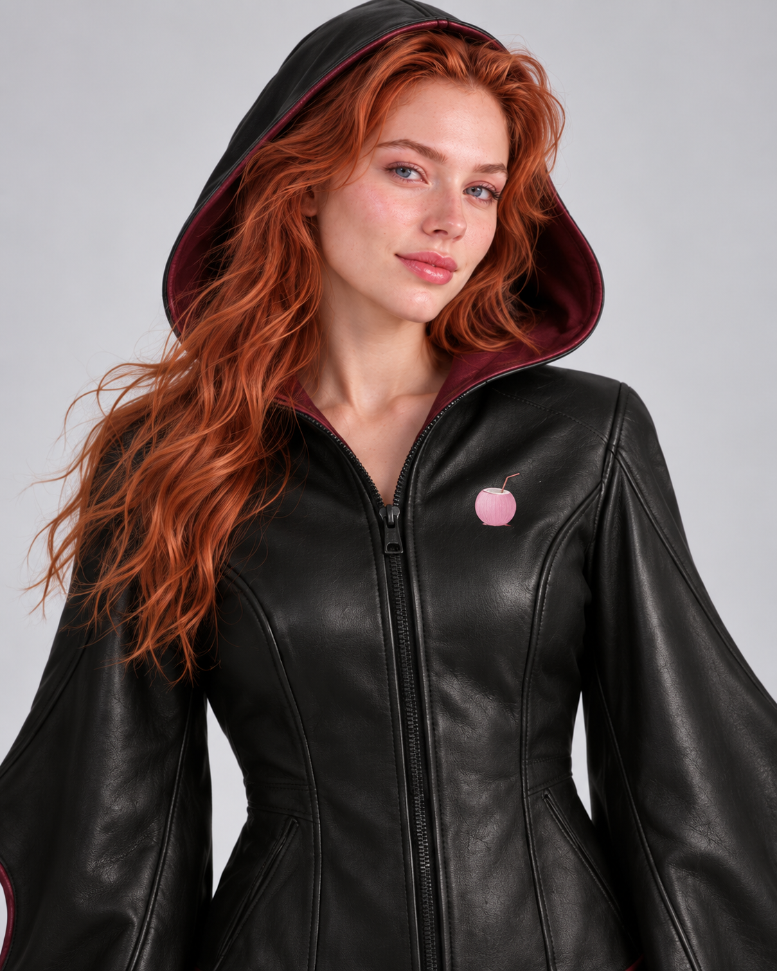PinkyCoco Lilith Noir jacket hood and sculpted hem detail