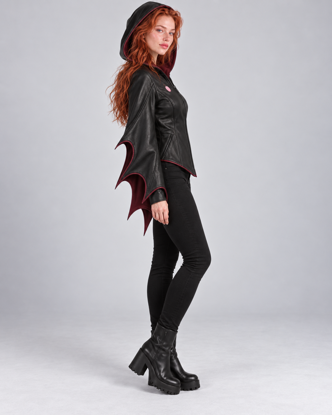 PinkyCoco Lilith Noir women's hooded leather jacket lifestyle view