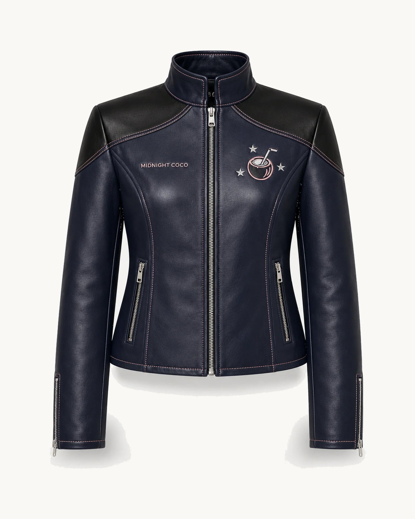 PinkyCoco Midnight Star Women's Leather Fashion Jacket, front thumbnail on warm ivory background