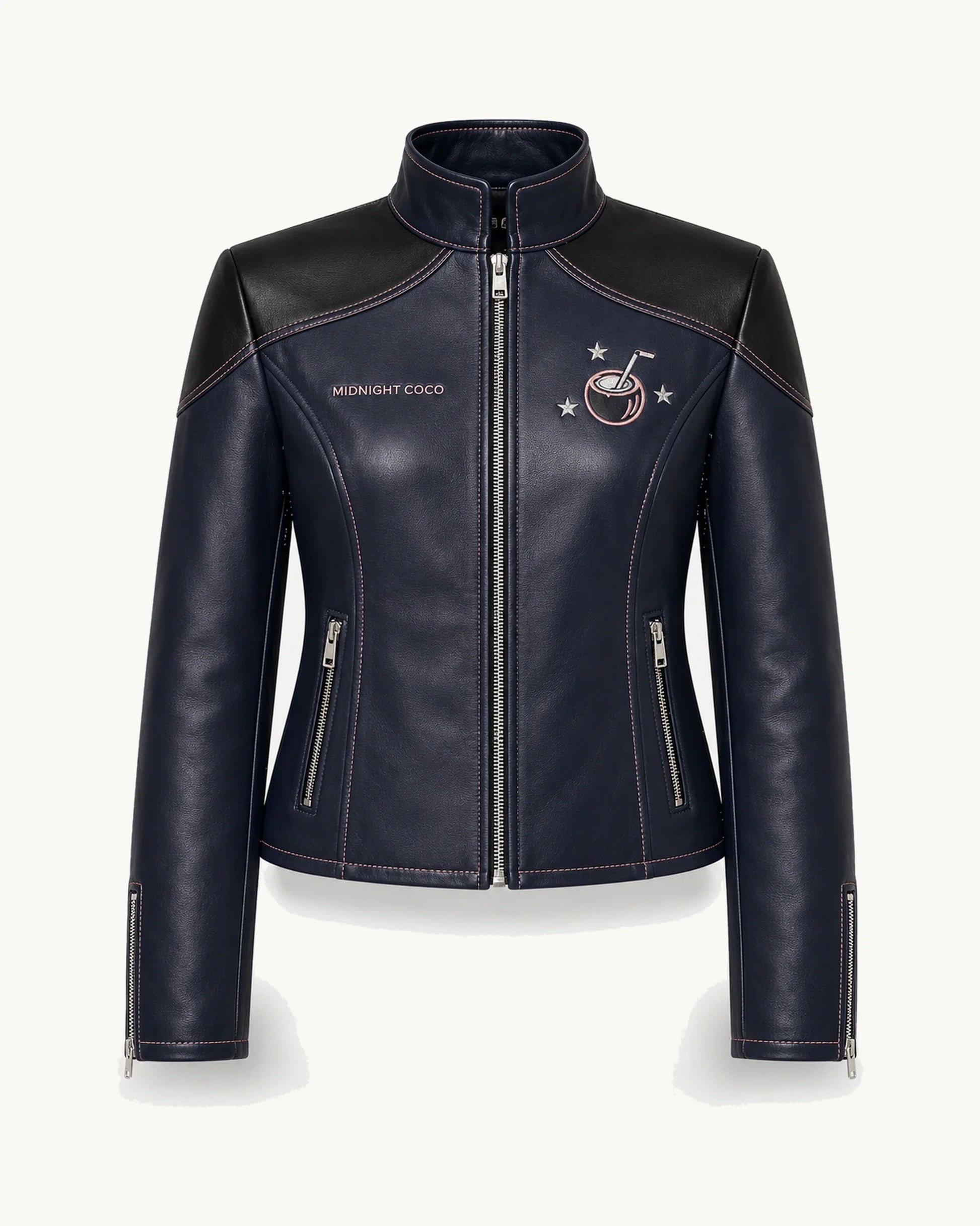 PinkyCoco Midnight Star Women's Leather Fashion Jacket, front thumbnail on warm ivory background