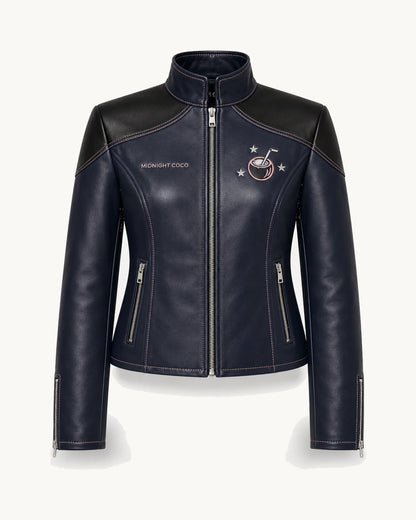 PinkyCoco Midnight Star Women's Leather Fashion Jacket, front thumbnail on warm ivory background