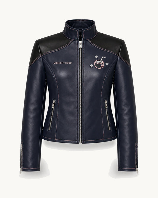 PinkyCoco Midnight Star Women's Leather Fashion Jacket, front thumbnail on warm ivory background