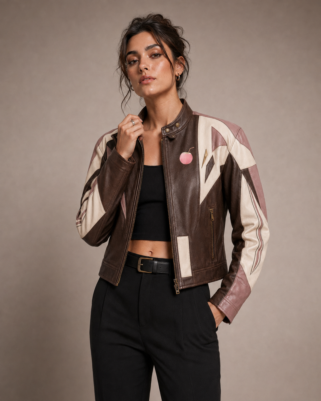 PinkyCoco Mocha Mauve women's retro racing jacket front model view