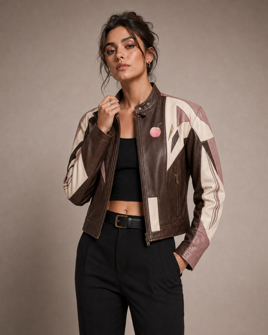 PinkyCoco Mocha Mauve women's retro racing jacket front model view