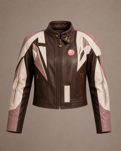 PinkyCoco Mocha Mauve brown cream racing jacket front product view