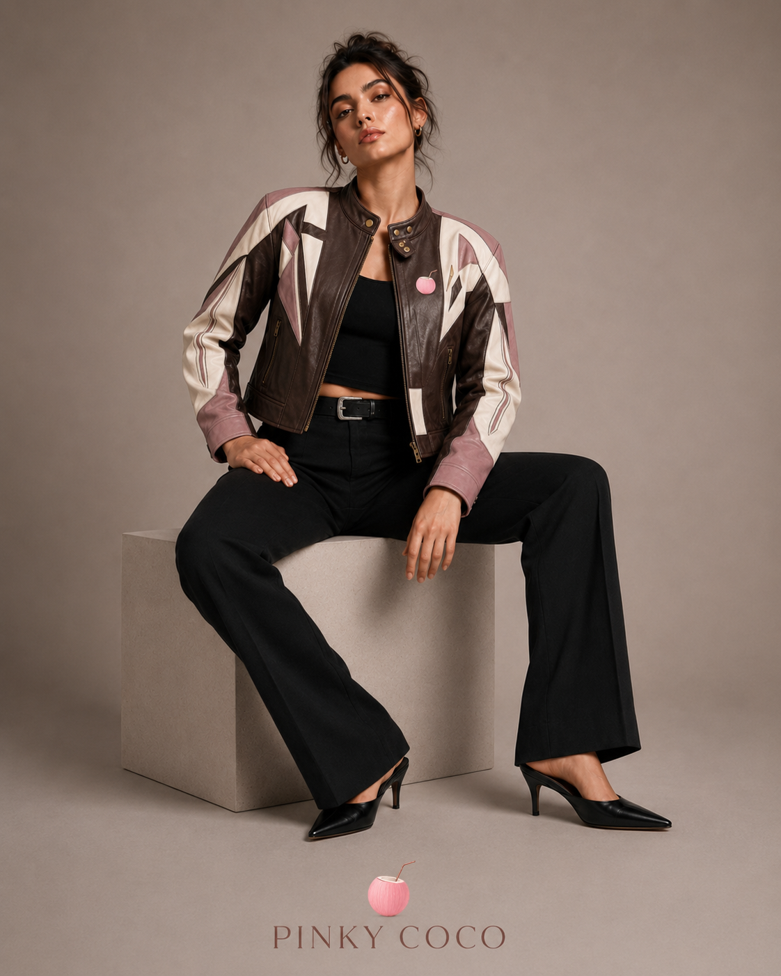 PinkyCoco Mocha Mauve women's retro racing jacket seated lifestyle view