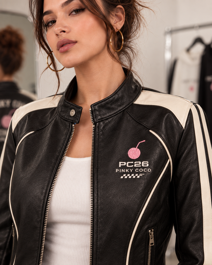 PinkyCoco Night Racer jacket chest logo collar and zipper detail