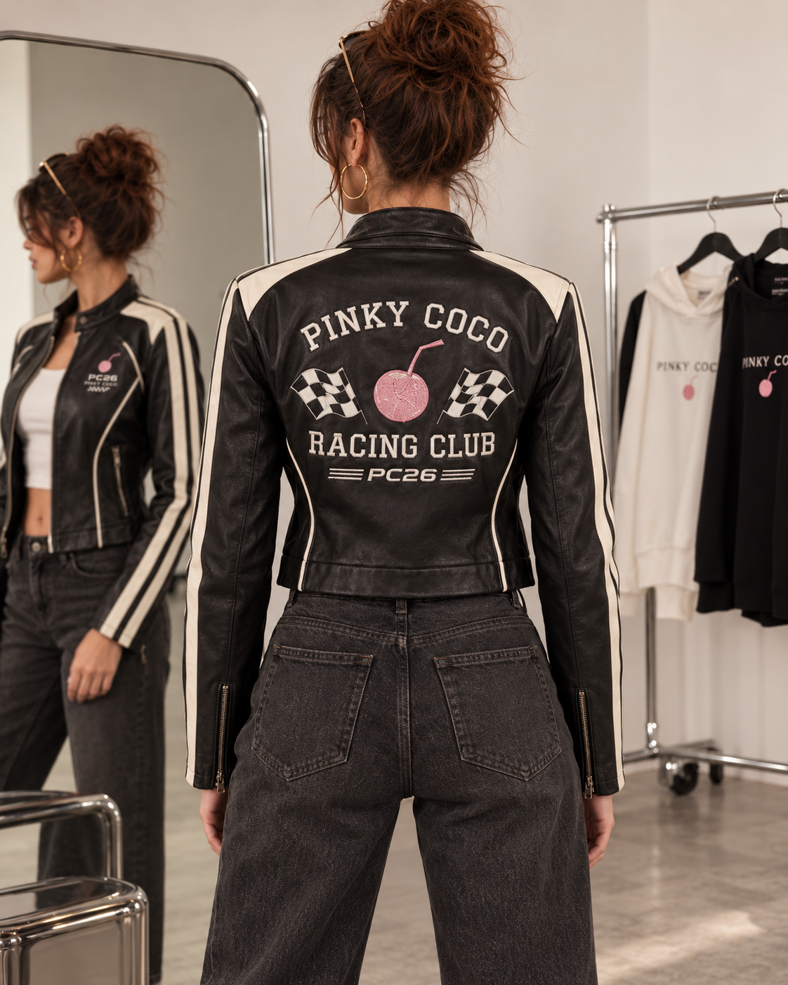 PinkyCoco Night Racer women's black and white racing jacket back graphic view