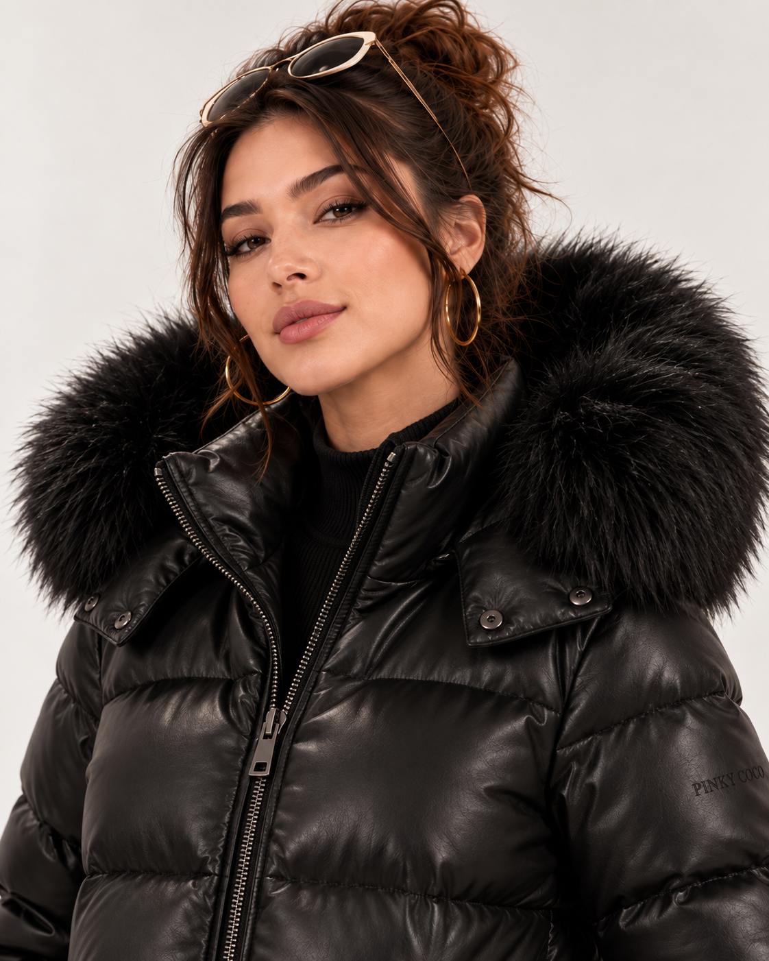 PinkyCoco Noir Luxe women's black leather puffer jacket front view