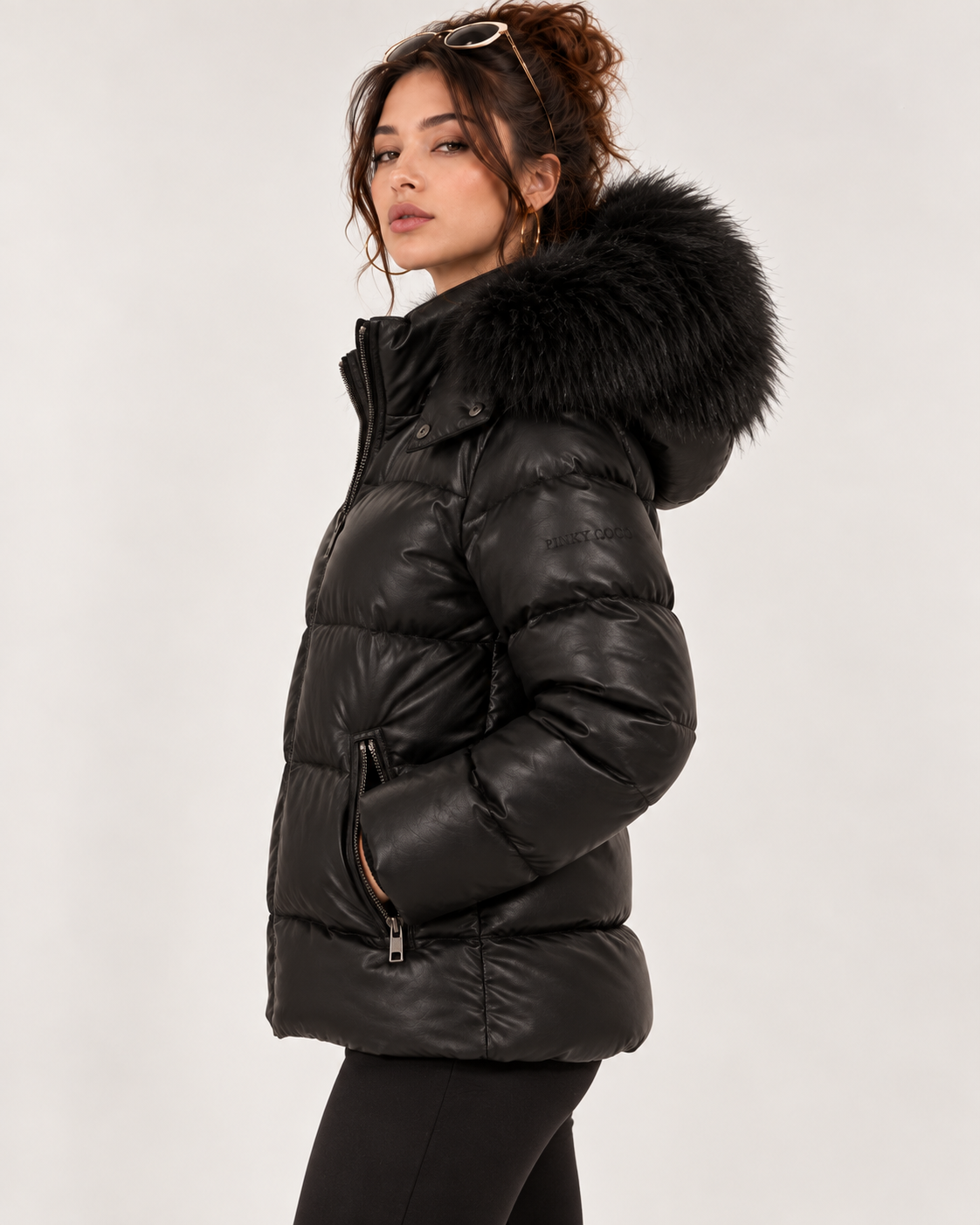 PinkyCoco Noir Luxe women's puffer jacket three-quarter view