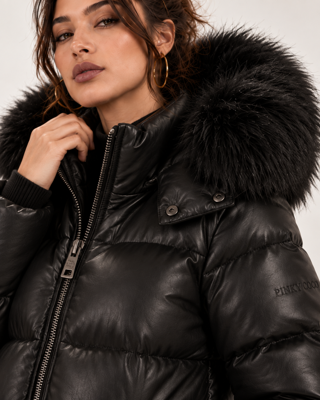 PinkyCoco Noir Luxe black leather puffer side profile