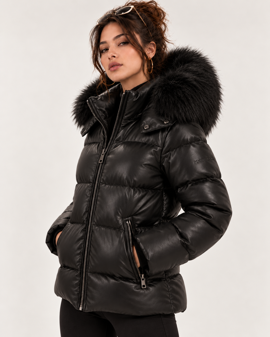 PinkyCoco Noir Luxe jacket detachable fur-trim hood detail