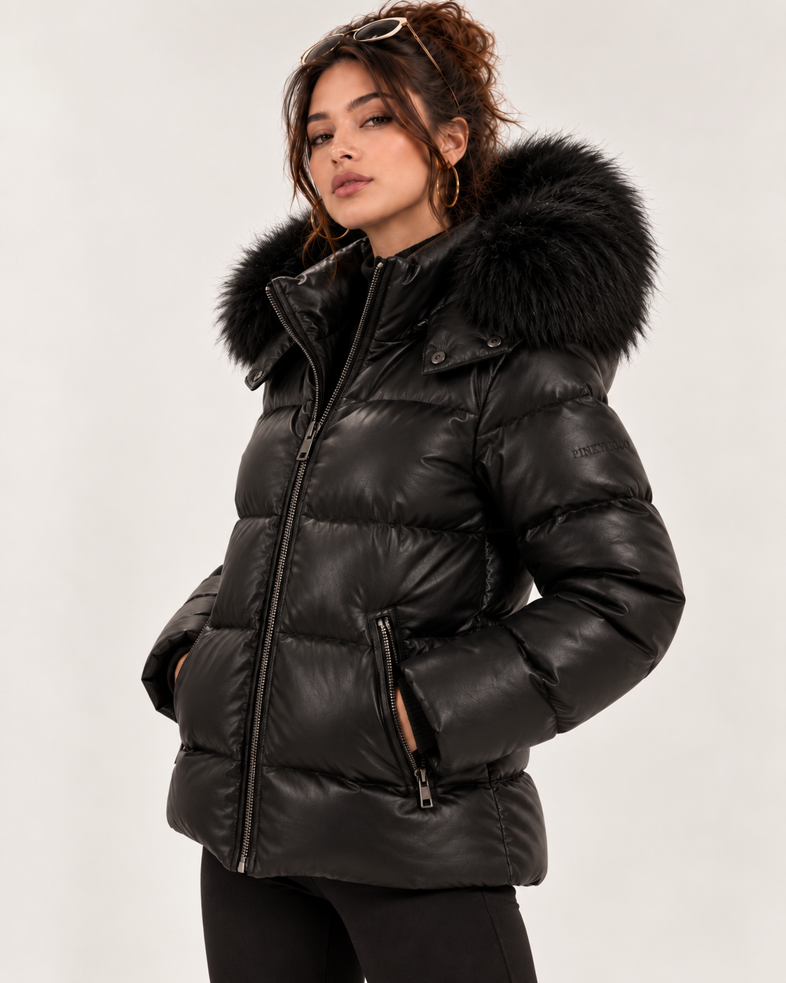 PinkyCoco Noir Luxe women's black puffer front close-up