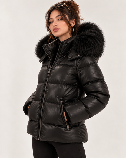 PinkyCoco Noir Luxe women's black puffer front close-up