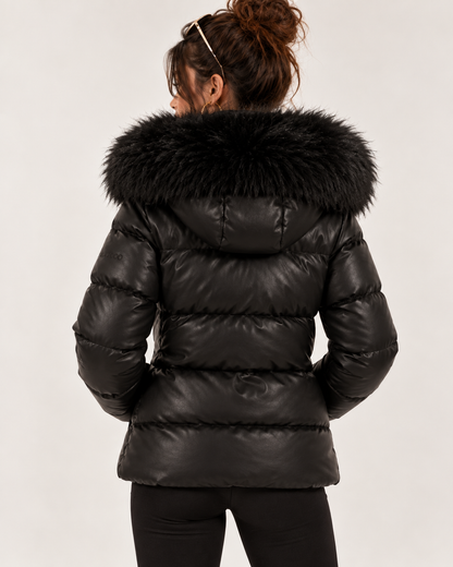PinkyCoco Noir Luxe black leather puffer jacket back view