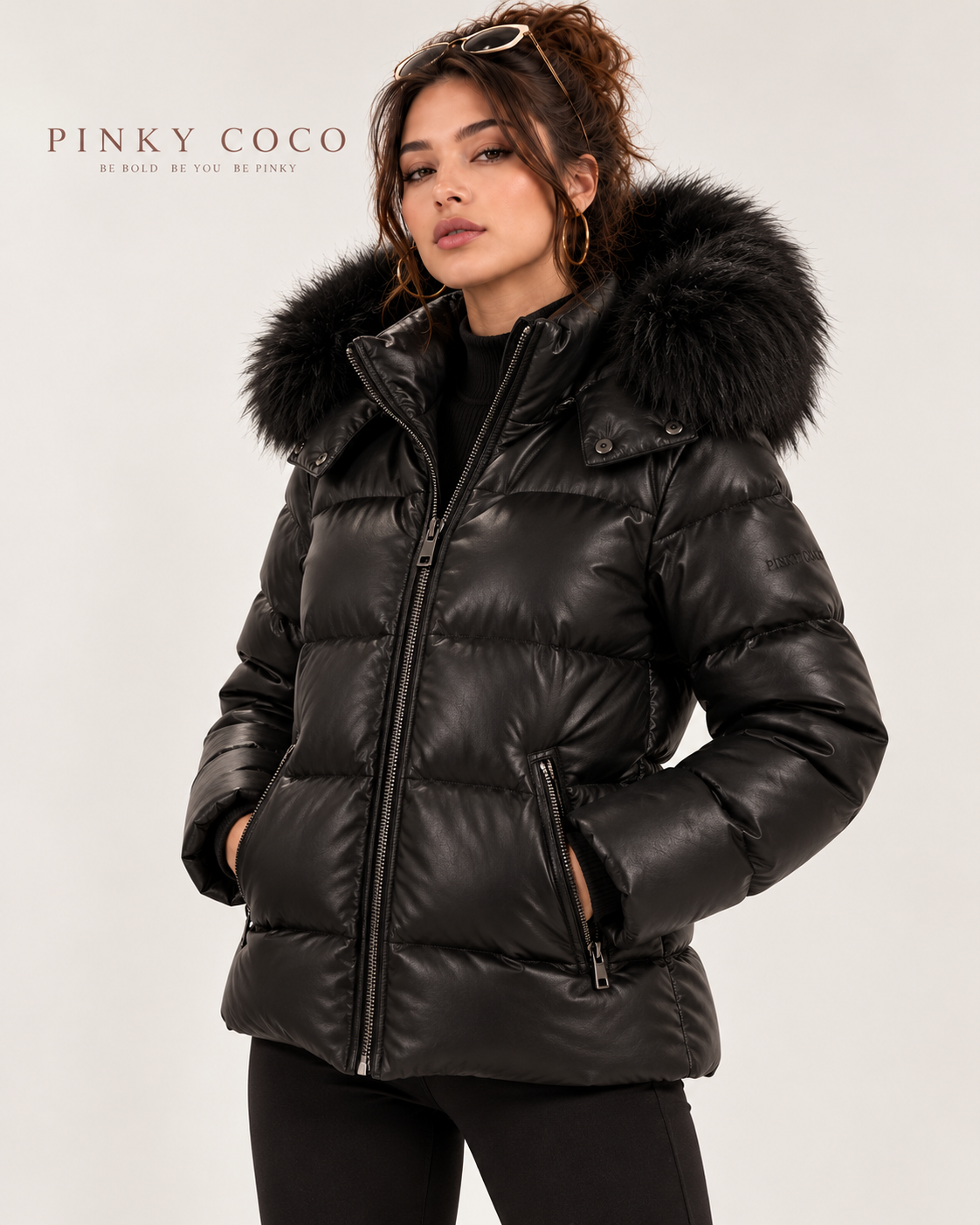 PinkyCoco Noir Luxe women's puffer jacket hood styling