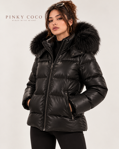 PinkyCoco Noir Luxe women's puffer jacket hood styling