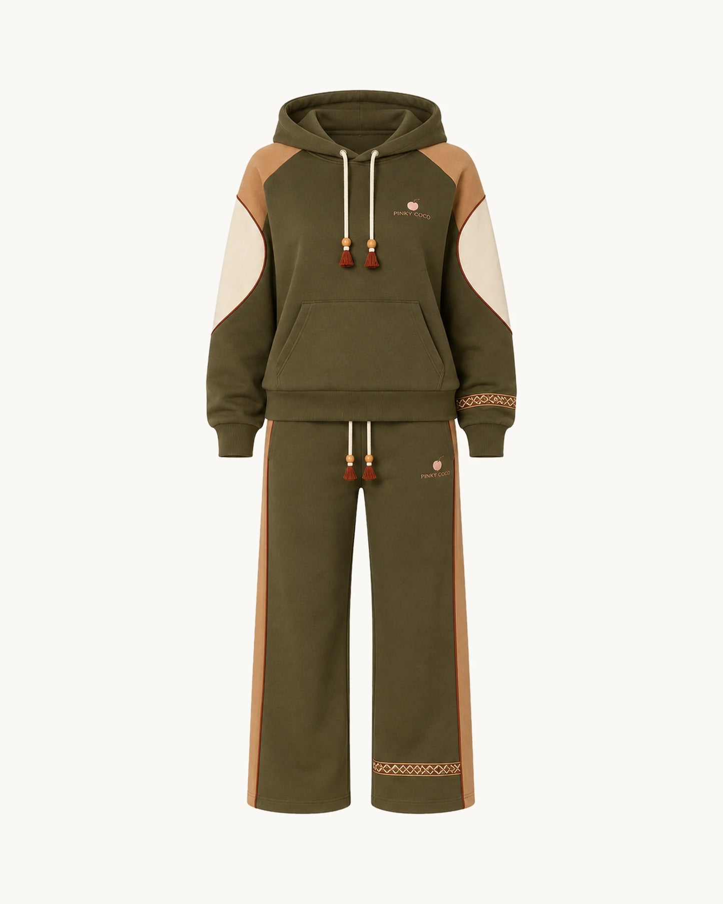 PinkyCoco Olive Desert Trail Women's Fleece Hoodie & Sweatpants Set, front thumbnail on warm ivory background