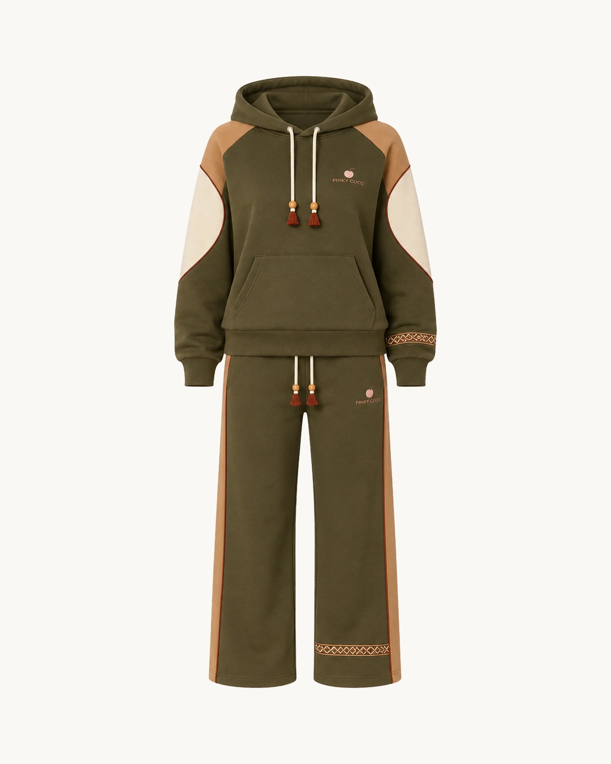 PinkyCoco Olive Desert Trail Women's Fleece Hoodie & Sweatpants Set, front thumbnail on warm ivory background