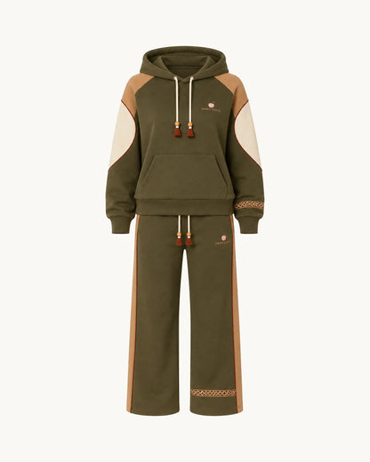 PinkyCoco Olive Desert Trail Women's Fleece Hoodie & Sweatpants Set, front thumbnail on warm ivory background