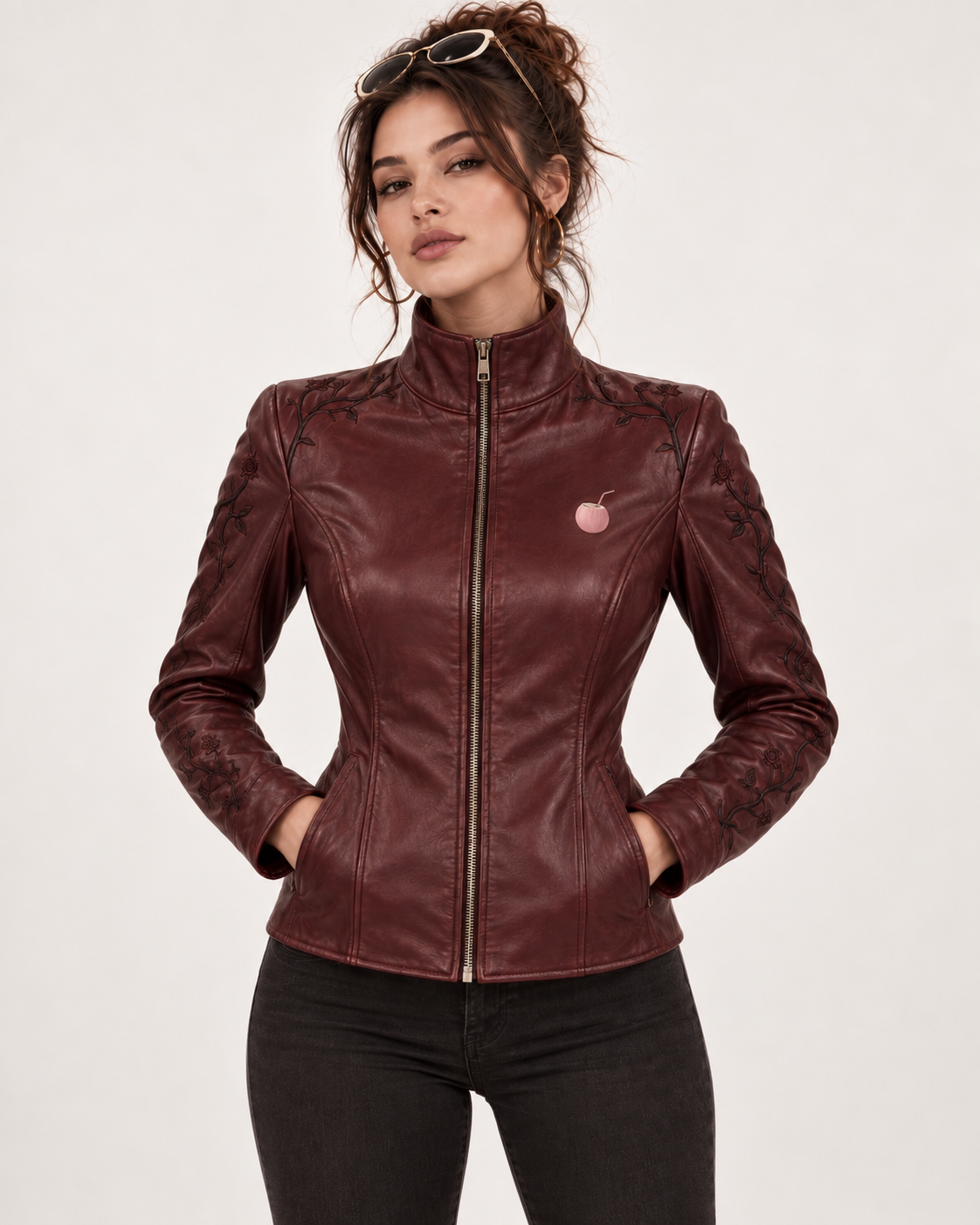 PinkyCoco Oxblood Gothic women's high-collar leather jacket straight front view