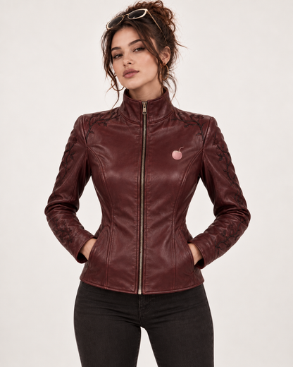 PinkyCoco Oxblood Gothic women's high-collar leather jacket straight front view