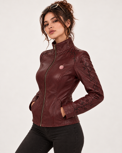 PinkyCoco Oxblood Gothic jacket funnel collar zipper and floral detail