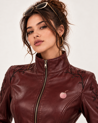 PinkyCoco Oxblood Gothic women's dark romantic leather jacket lifestyle view