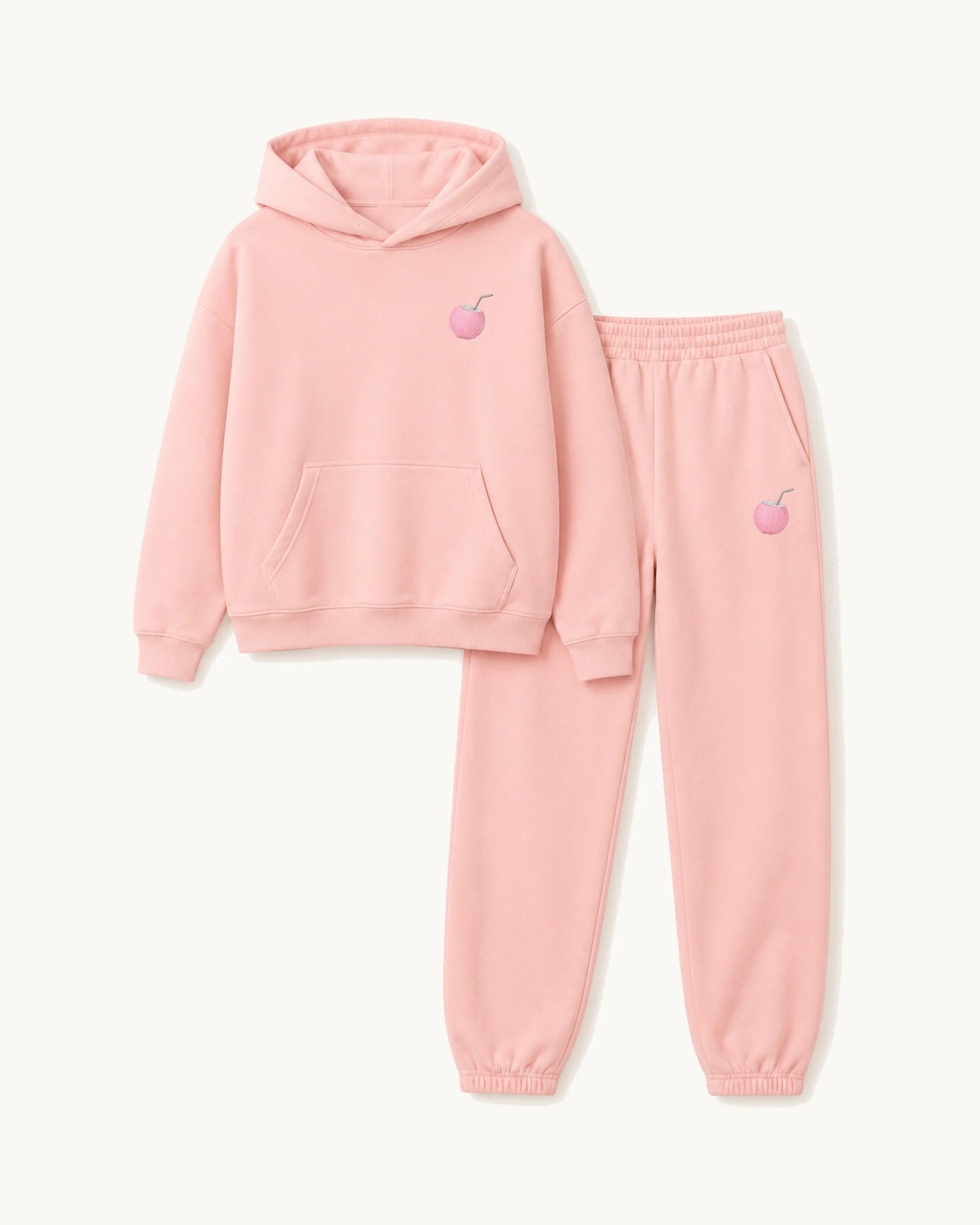 PinkyCoco Pink Coconut Besties Women's Fleece Hoodie & Jogger Set, front thumbnail on warm ivory background