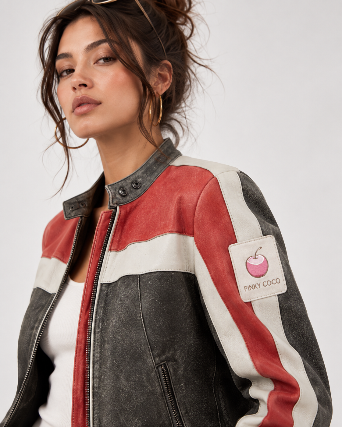 PinkyCoco Rally Stripe women's distressed red white and black leather jacket close-up