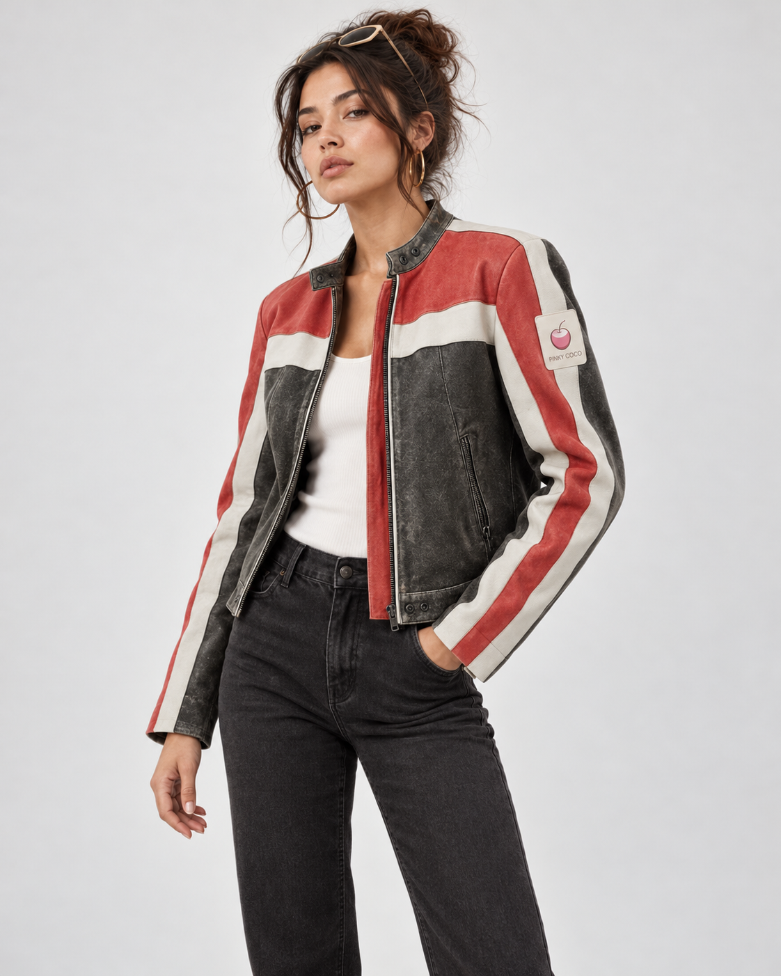 PinkyCoco Rally Stripe women's leather biker jacket full front model view