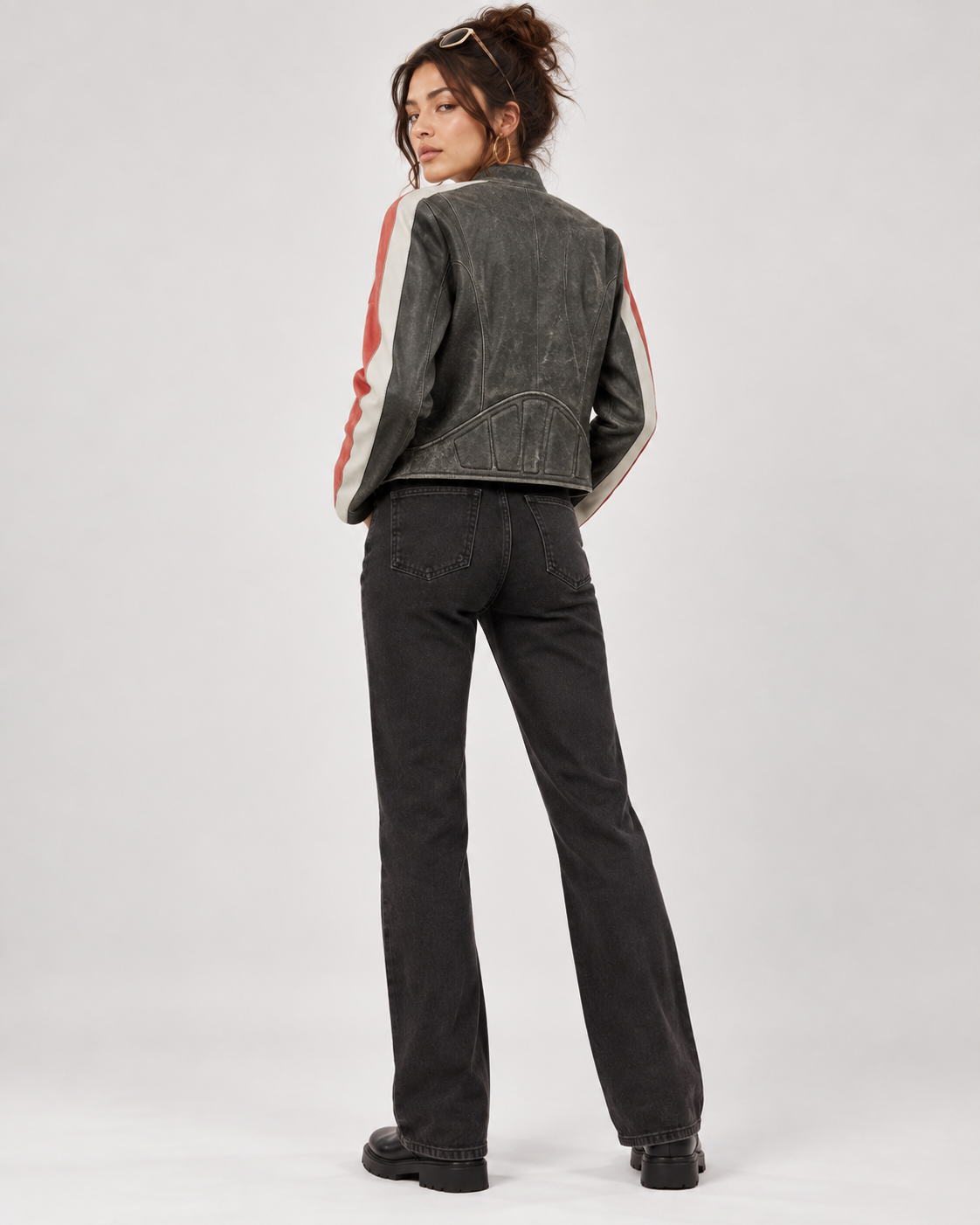 PinkyCoco Rally Stripe distressed leather jacket front three-quarter styling