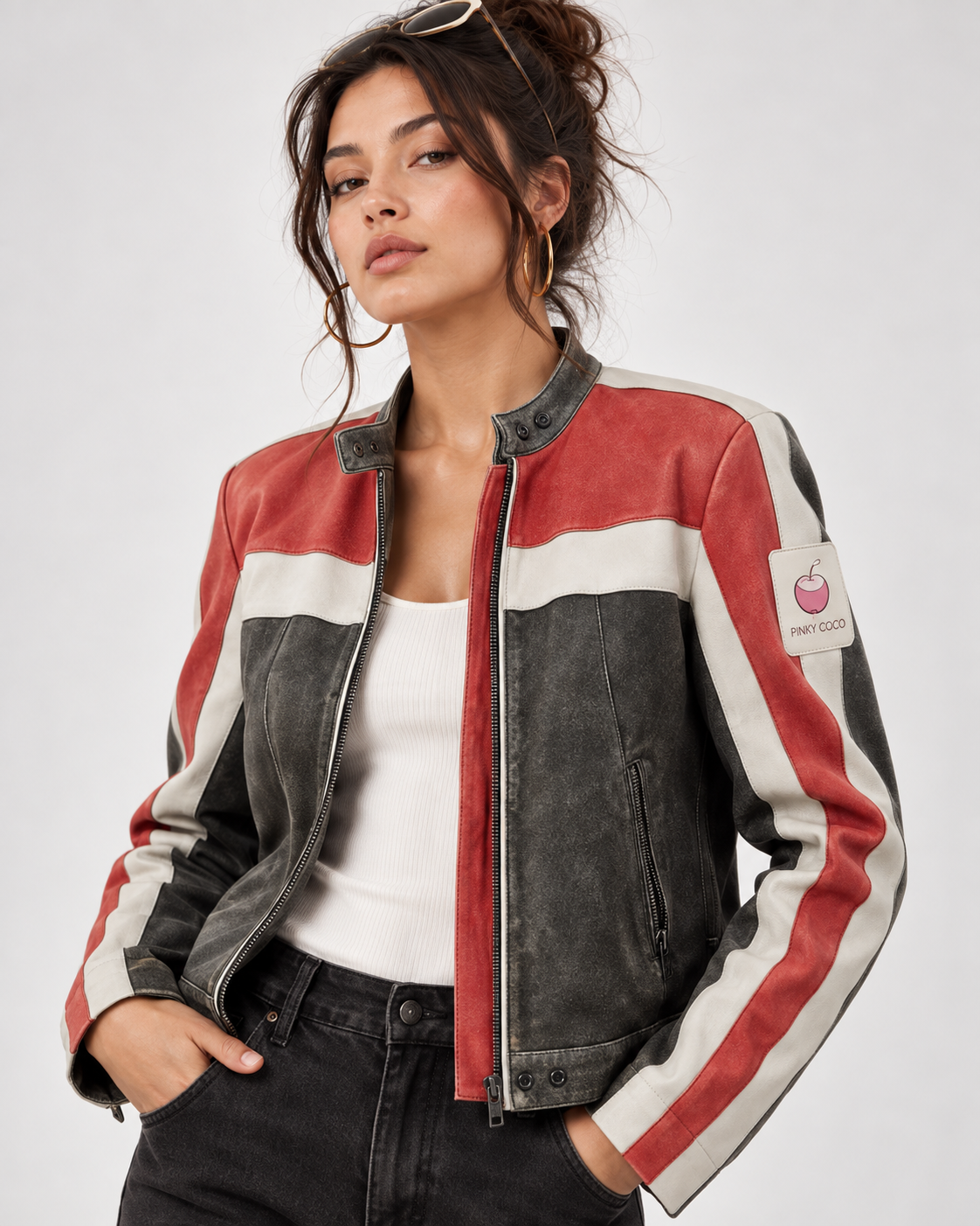 PinkyCoco Rally Stripe women's red white black jacket side profile
