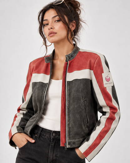 PinkyCoco Rally Stripe women's red white black jacket side profile