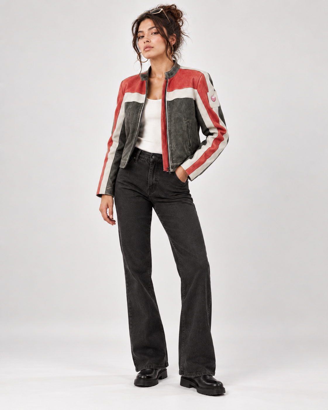 PinkyCoco Rally Stripe leather biker jacket back model view