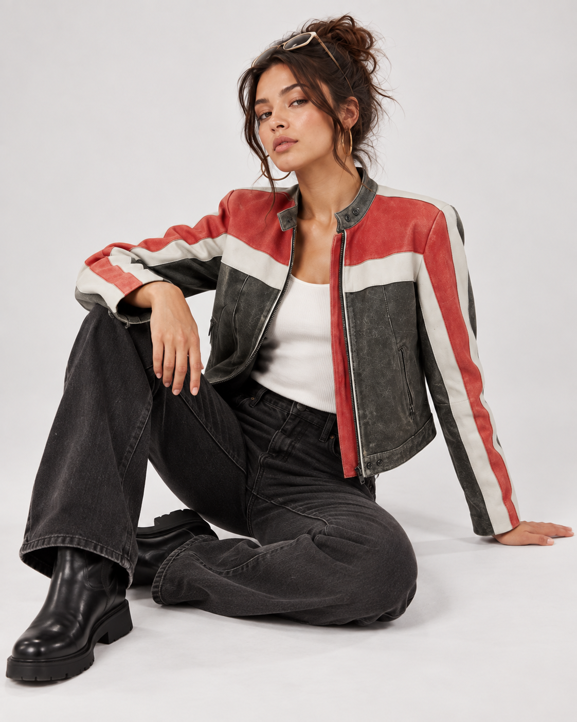 PinkyCoco Rally Stripe jacket collar zipper and coconut patch detail